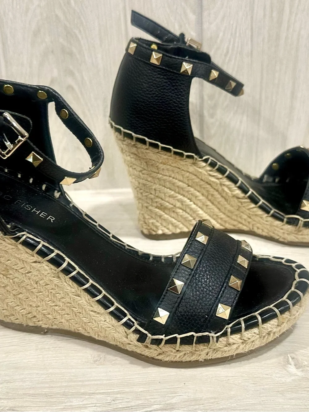 Marc Fisher Black Studded Espadrille Wedge Sandals Size 7 - Picture 5 of 9